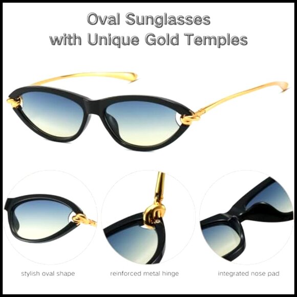 Retro Oval Cat Eye Sunglasses with Gold Tone Temples and Polycarbonate Frame main image 3